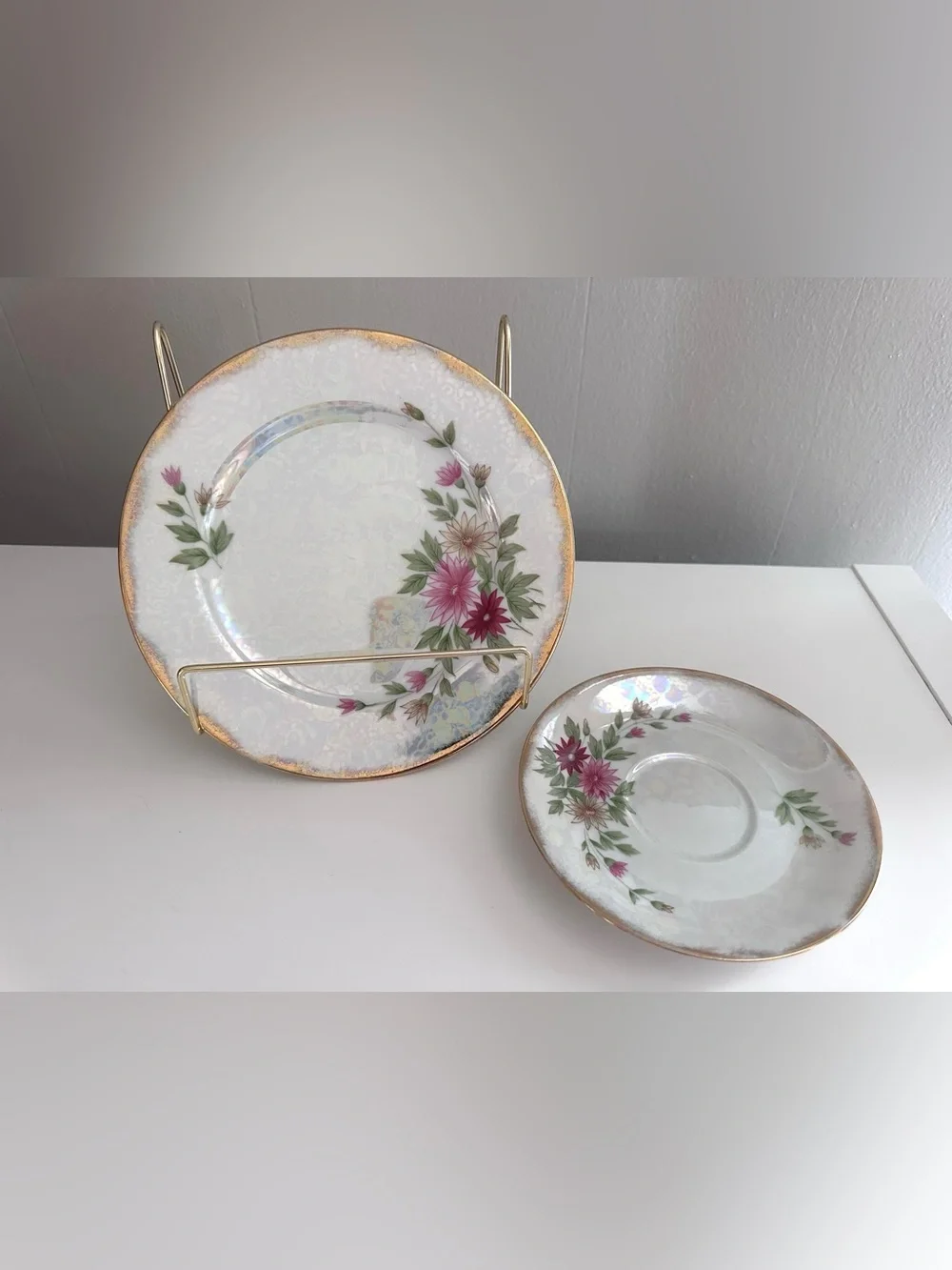 Vintage Priceline Salad Plate and Saucer Pair - Aster Flowers and Gold Rims